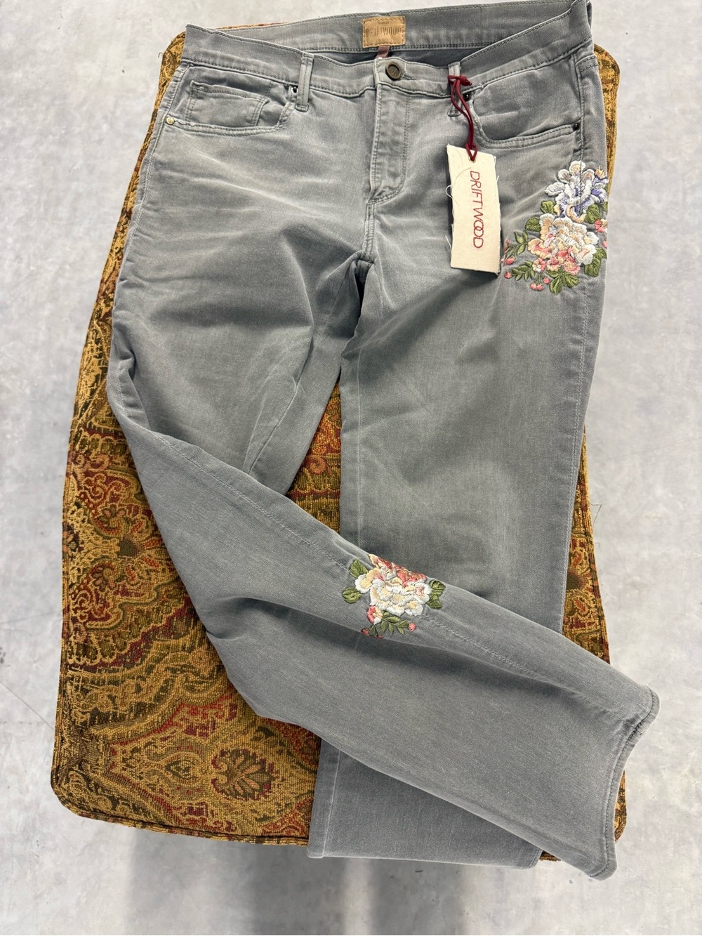 DRIFTWOOD Light Gray Straight Leg Jeans with Pink & Green Floral Embroidery - Picture 2 of 7